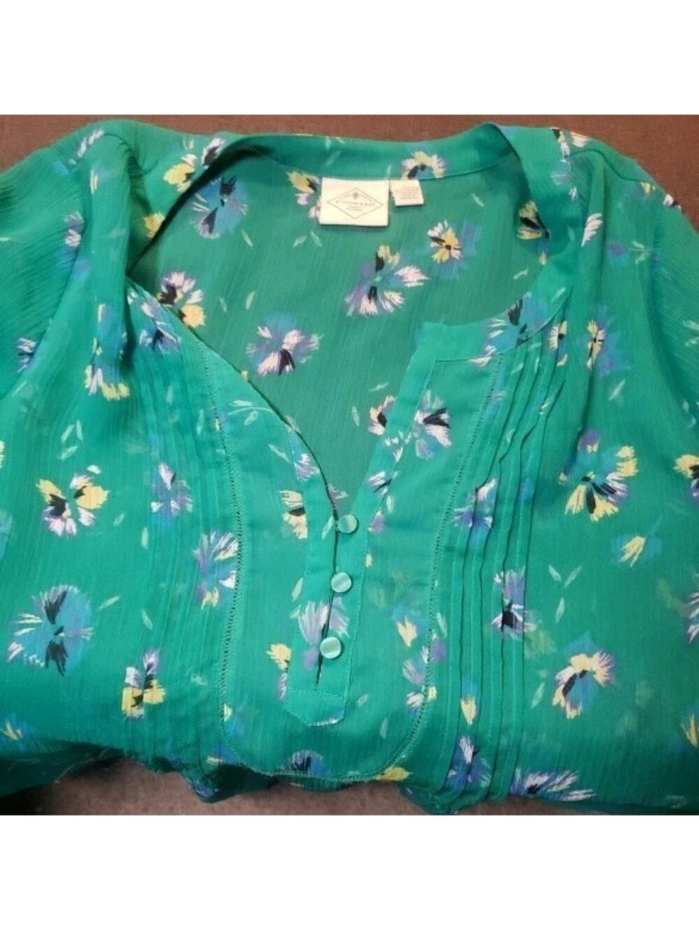 St Johnās Bay Womenās Large Sheer Blouse Floral Green Blue Yellow Summer